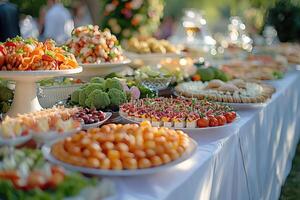 luxuoso decoração do branco toalhas de mesa com grande quantidade do dedo Comida preparado profissional publicidade Comida fotografia foto