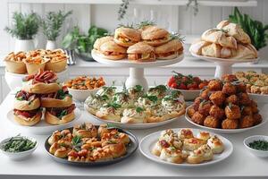 luxuoso decoração do branco toalhas de mesa com grande quantidade do dedo Comida preparado profissional publicidade Comida fotografia foto