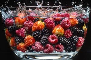 uma fresco frutas ou legumes com água gotas criando uma respingo publicidade Comida fotografia foto