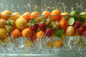 uma fresco frutas ou legumes com água gotas criando uma respingo publicidade Comida fotografia foto