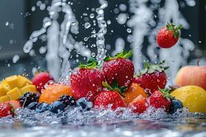 uma fresco frutas ou legumes com água gotas criando uma respingo publicidade Comida fotografia foto