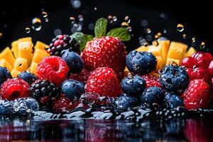 uma fresco frutas ou legumes com água gotas criando uma respingo publicidade Comida fotografia foto