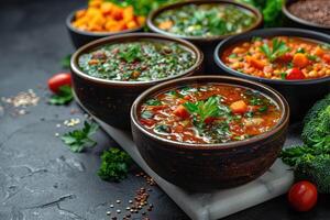 a calor e nutrição do caseiro sopas ou veludo Comida profissional publicidade Comida fotografia foto