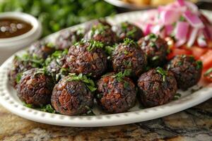 falafels estão profundo frito bolas tradicionalmente encontrado dentro meio Oriental cozinha Comida profissional publicidade Comida fotografia foto