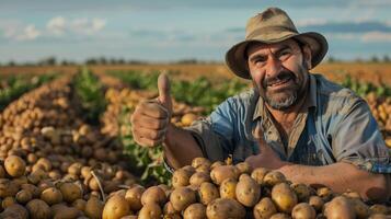 uma moderno agricultor dentro uma campo do batatas, fazendo uma polegares acima. gerado de artificial inteligência. foto