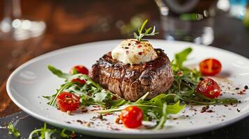 filé concurso ao lado Rúcula salada com branco bechamel molho creme em topo. bife, restaurante, eu no. gerado de artificial inteligência. foto