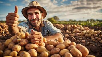 uma moderno agricultor dentro uma campo do batatas, fazendo uma polegares acima. gerado de artificial inteligência. foto