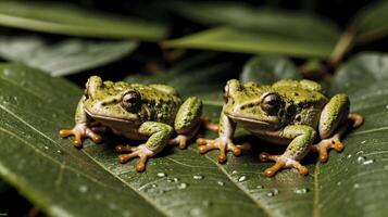 verde árvore sapos sentado em chuva encharcado folha dentro a meio do uma exuberante tropical floresta tropical foto