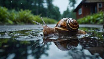 Caracol vagaroso movimentos através úmido terra abundantemente carregado com poças. panorama espelhos em si dentro a água foto