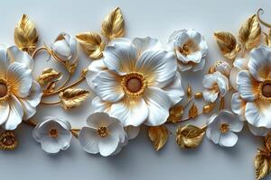 3d dourado floral desatado fronteira telha com branco geométrico flores lindo luxo horizontal fundo foto