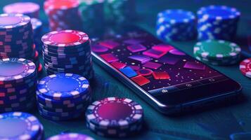 colorida cassino salgadinhos com Smartphone em mesa foto