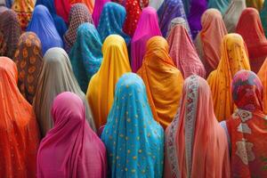 multidão do mulheres dentro vibrante tradicional vestidos foto