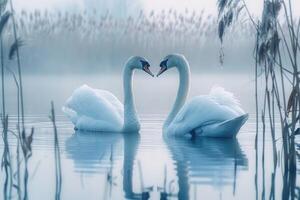 cisnes formando uma coração forma em enevoado lago foto