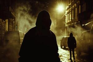 perigoso Criminoso. silhueta do bandidos, criminosos com a irreconhecível face dentro ameaçador pose às noite em Sombrio rua. foto