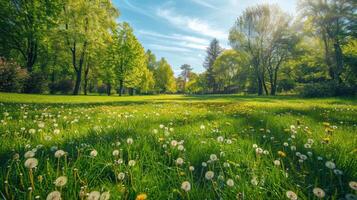 lindo Primavera natural fundo. panorama com verde Relva com florescendo dentes de leão e árvores foto