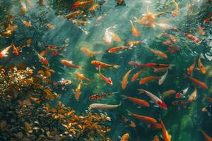 lagoa com decorativo laranja embaixo da agua peixe nishikigoi. aquário japonês koi carpa foto