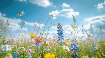 lindo campo Prado flores camomila e azul selvagem ervilhas contra azul céu com nuvens, natureza panorama. foto