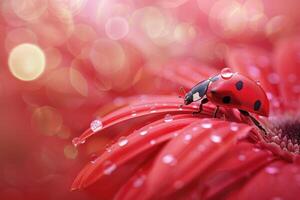 uma joaninha sentado em uma vermelho flor em borrado fundo foto