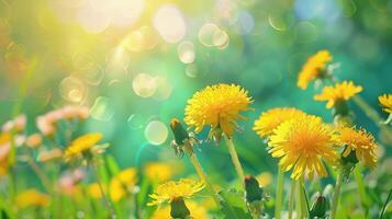 lindo colorida Primavera natural flor fundo. flores silvestres e amarelo dentes de leão em uma brilhante ensolarado dia com lindo bokeh. foto