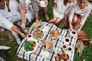 vista de cima de um grupo de amigos da família jantando ao ar livre com alguns bons aperitivos foto