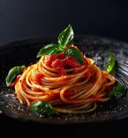 fechar acima do espaguete dentro marinara molho com fresco manjericão em uma Sombrio foto