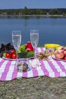 lindo piquenique com frutas, legumes e óculos do vinho perto lago. foto