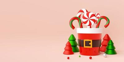 banner de natal do bastão de doces no copo do papai noel, ilustração 3D foto