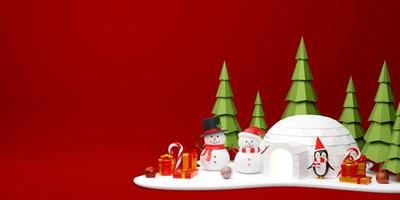 Ilustração 3D do banner de Natal do boneco de neve e pinguim na floresta de pinheiros foto