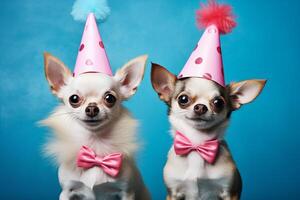 celebração, feliz aniversário, Silvester Novo anos véspera festa, engraçado animal cumprimento cartão - fofa pequeno chihuahuas cachorro animal com Rosa festa chapéu e arco gravata em azul parede fundo textura foto