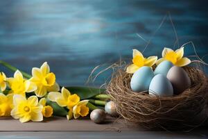 Páscoa feriado celebração bandeira cumprimento cartão bandeira com Páscoa ovos dentro uma pássaro ninho cesta e amarelo narcisos flores em mesa foto