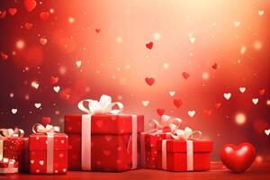 feliz dia dos namorados dia namorados amor ou aniversário celebração feriado fundo bandeira ilustração cumprimento cartão - vermelho presente caixas e corações em mesa foto