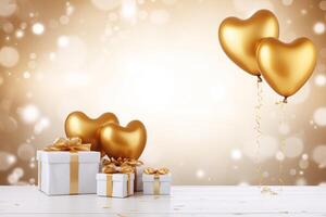 feliz dia dos namorados dia amor ou aniversário celebração feriado fundo bandeira ilustração cumprimento cartão - ouro coração balões e ouro branco presente caixas em mesa foto