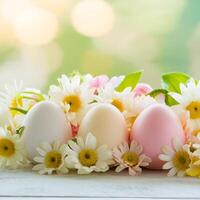 Páscoa temático arranjo pastel ovos, flores contra suave foco pano de fundo para social meios de comunicação postar Tamanho foto