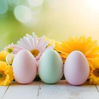 Páscoa temático arranjo pastel ovos, flores contra suave foco pano de fundo para social meios de comunicação postar Tamanho foto