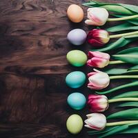 tulipas arranjado em pedra mesa, colorida Páscoa ovos topo Visão plano deitar para social meios de comunicação postar Tamanho foto