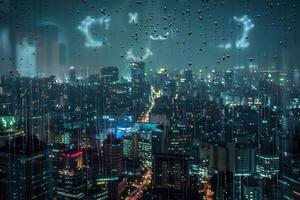 chuva gotas em janela com paisagem urbana às noite foto