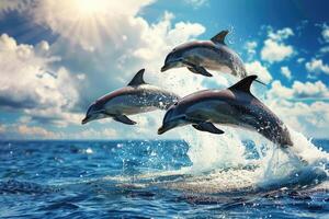 lindo nariz de garrafa golfinhos pulando Fora do mar com Claro azul água em ensolarado dia foto