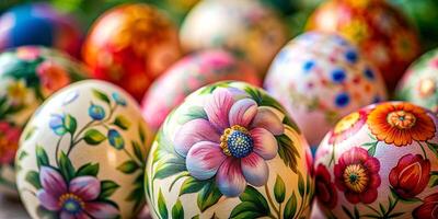 fechar-se Muito de do belas pintado Páscoa ovos, lindo floral padronizar Páscoa ovos foto
