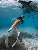 mulher mergulhador dentro tropical mar nadar com enfermeira tubarões dentro bahamas foto