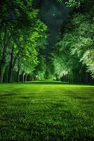 período noturno verde campo com árvores e Relva foto