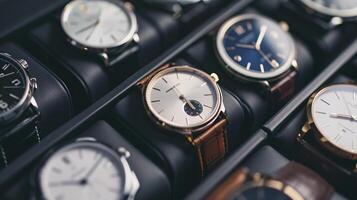 uma coleção do à moda relógios de pulso, arranjado dentro uma padrão, vitrines a elegância do relógios foto