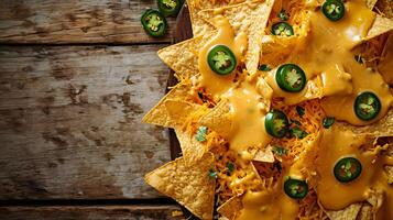 uma delicioso exibição do nachos generosamente revestido dentro picante Pimenta jalapeno queijo foto