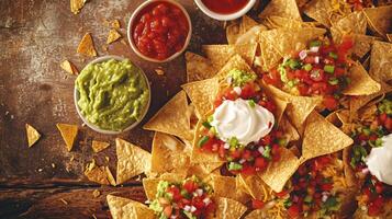 uma delicioso exibição do nachos generosamente revestido dentro picante Pimenta jalapeno queijo foto