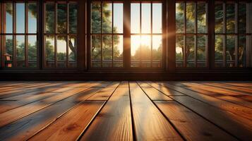 de madeira chão e janela dentro dourado horas brilho luz silhueta foto