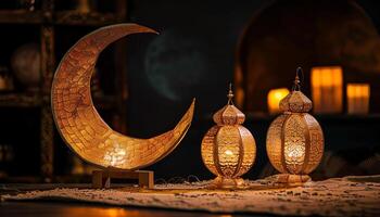 lindo eid ou Ramadã Mubarak islâmico lanterna fundo gerado.ai foto