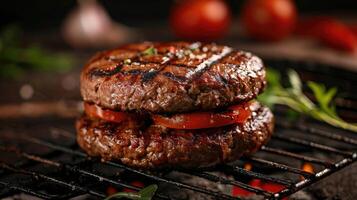 grelhado hamburguer carne em a grade máquina foto