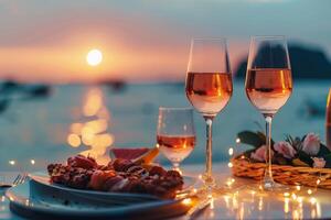 dois óculos do bebidas com rosa pétalas em uma mesa às mar de praia durante pôr do sol foto