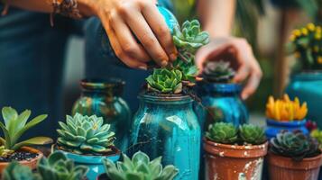 fêmea jardineiro envasamento suculentos dentro pintado velho frascos em uma de madeira mesa dentro de casa foto