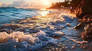 falhando ondas em a Beira do uma costeiro penhasco com uma borrado fundo do pôr do sol luz, seletivo foco foto