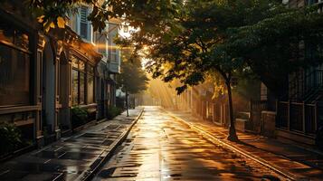 Visão do uma quieto rua depois de a chuva com luz solar através a árvores foto